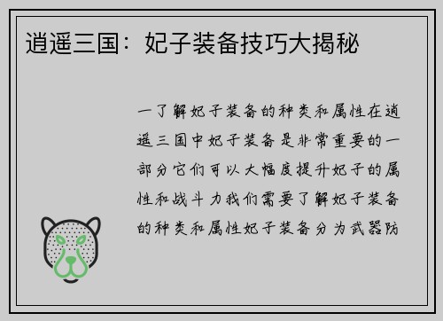 逍遥三国：妃子装备技巧大揭秘