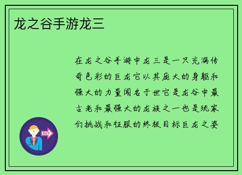 龙之谷手游龙三